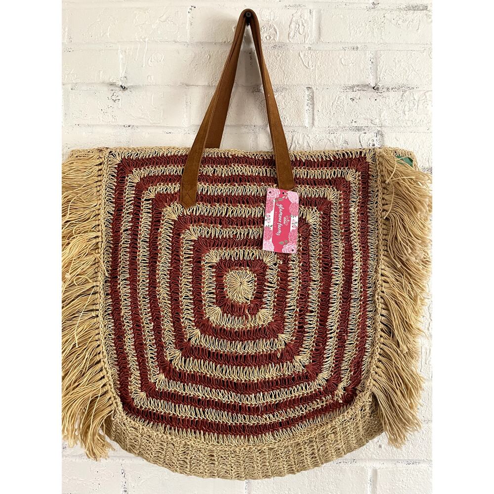 Bohemian Straw Tote Bag with Brown Leather Handles - Red/Cream